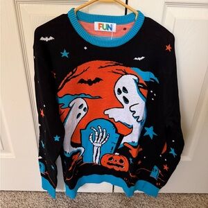 FUN Brand Halloween Ghost Graphic Ugly Sweater NWT 100% Cotton Unisex Large